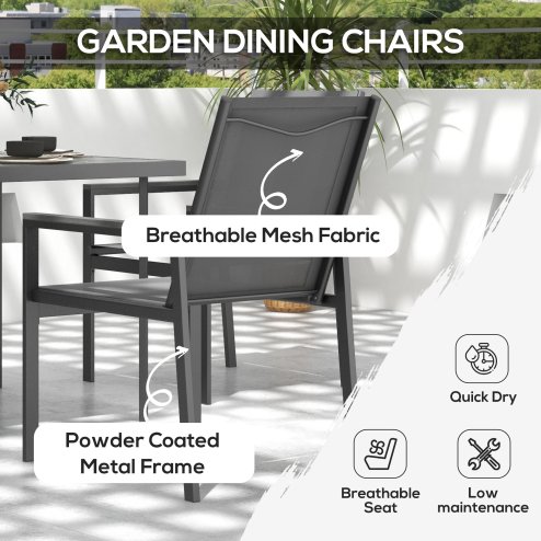 Outsunny 5 Pieces Garden Dining Set with Glass Top Dining Table, Outdoor Patio Table and 4 Armchairs with Texteline Fabric Seats and Backrest, Wood-plastic Composite Armrests Top, Grey