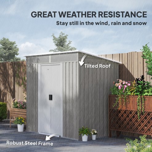 Outsunny 6.5 x 4FT Galvanised Metal Garden Shed with Double Sliding Doors and 2 Vents, Lockable Tool Storage House with Foundation Kit, Light Grey Wood Effect