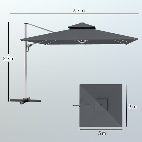 Outsunny 3(m) Garden Cantilever Parasol with Solar LED Lights, Overhanging Patio Umbrella with Cross Base, 360 Rotation, Crank Handle and Tilt, 8-Rib Outdoor Hanging Sun Shade, Grey