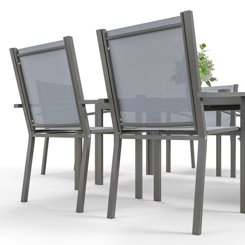 Outsunny 6 Seater Garden Dining Set with Stackable Armchairs, WPC Top Dining Table, Outdoor Table and Chairs, Garden Furniture Set, Light Grey