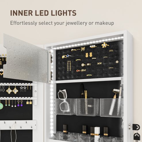 HOMCOM Jewellery Cabinet with LED Lights, Door Hanging or Wall Mounted Full Length Mirror with Storage, Lockable Jewellery Organiser, White Surface and Black Lining