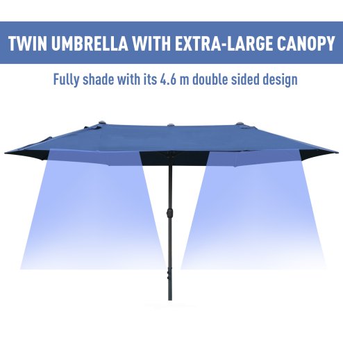 Outsunny 4.6m Garden Parasol Double-Sided Sun Umbrella Patio Market Shelter Canopy Shade Outdoor with Cross Base - Blue