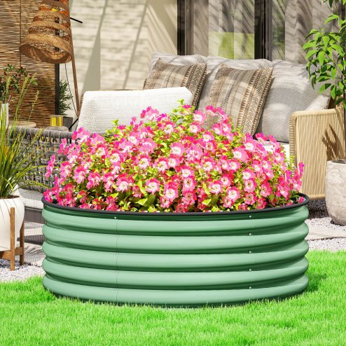 Outsunny Galvanised Raised Garden Bed with Safety Edging, Outdoor Raised Planter Box with Gloves and Open Bottom, Metal Raised Bed for Flowers, Vegetables and Herbs, 120 x 120 x 43cm, Light Green