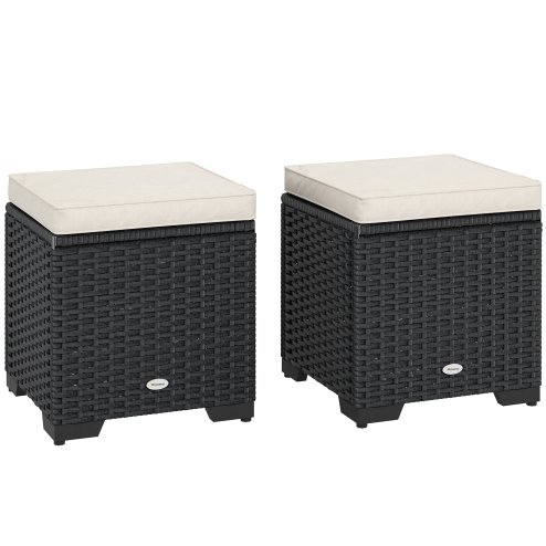Outsunny Set of 2 Rattan Storage Ottoman, Outdoor Footstool with Removable Cushions, Garden Storage Seat for Balcony, Porch, Living Room, Cream White