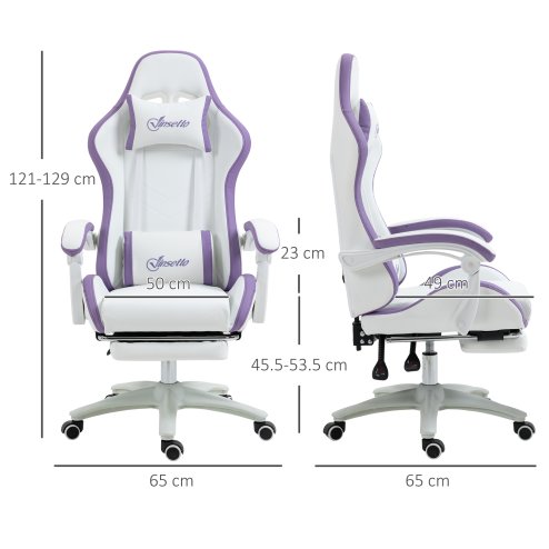 Vinsetto Computer Gaming Chair, PU Leather Office Desk Chair with Footrest, Swivel Wheels, 135?? Reclining Back, Lumbar Support, Headrest for Home, White and Purple
