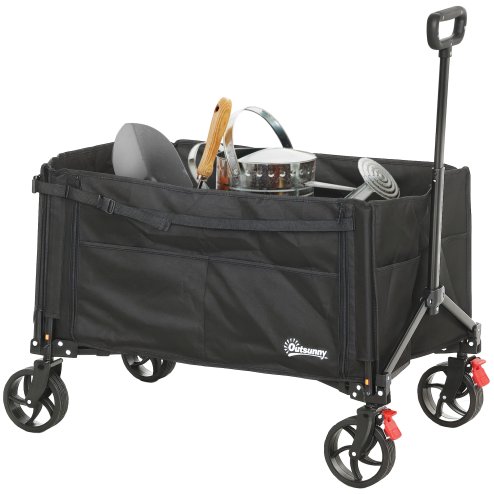 Outsunny Folding Trolley on Wheels, 150L Collapsible Wagon Festival Trolley Cart with Openable Sides, Adjustable Handle and Brakes for Shopping Camping Beach and Garden, Black