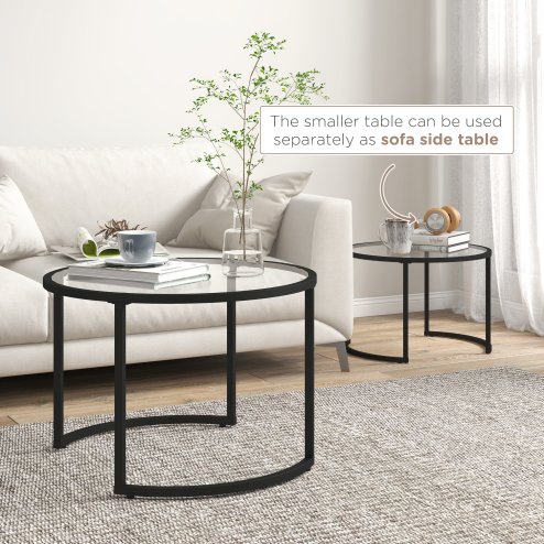 HOMCOM Coffee Table Set of 2, Modern Nest of Tables with Tempered Glass Top, Steel Frame for Living Room, Black