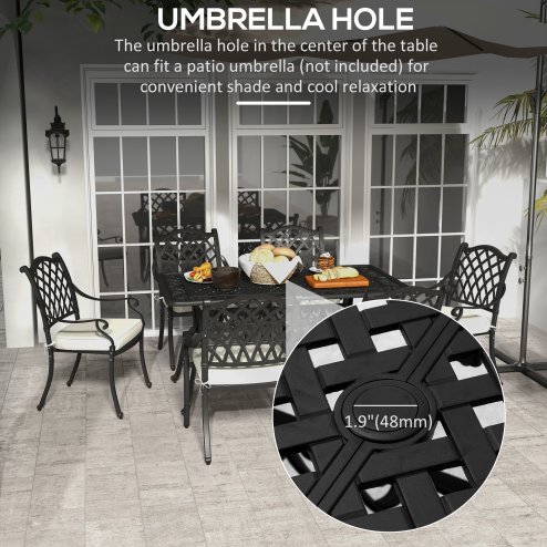 Outsunny 7 PCs Garden Patio Dining Set with Parasol Hole, Cast Aluminium Outdoor Furniture Set with Six Cushioned Chairs and Rectangle Dining Table, for Garden, Lawn, Deck, Black