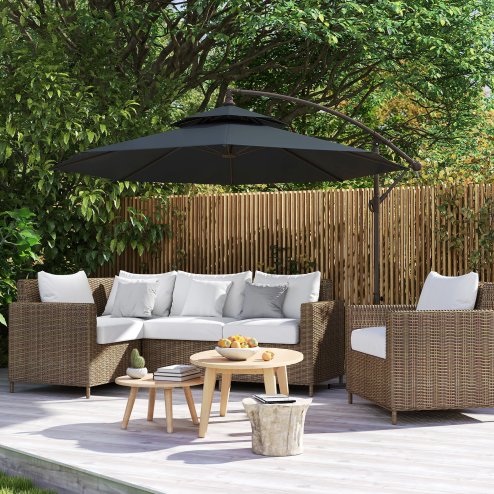 Outsunny 2.7m Garden Banana Parasol Cantilever Umbrella with Crank Handle, Double Tier Canopy and Cross Base for Outdoor, Hanging Sun Shade, Black
