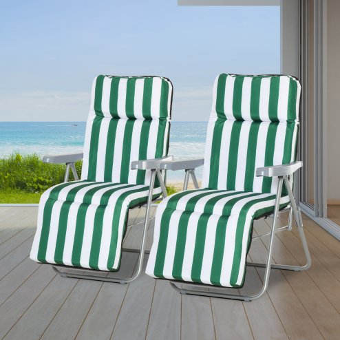Outsunny Reclining Garden Chair Set of 2, 5-Level Adjustable Zero Gravity Chairs with Cushions, Folding Sun Lounger Garden Recliner Chairs with Armrests for Outdoor, Patio, Green Stripe