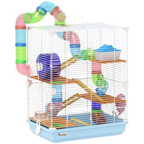 Pawhut 5 Tier Hamster Cage, Gerbil Cage with Tube Exercise Wheels, Tunnel, Water Bottle, Dishes, 58H x 46L x 30Wcm, Light Blue