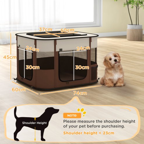 PawHut Dog Pen, Pet Playpen, Portable Foldable Dog Cat Playpen Soft Pet Cage with Storage Bag for Puppies, Rabbits, Kittens, Guinea Pigs, 74 x 60 x 45cm - Brown