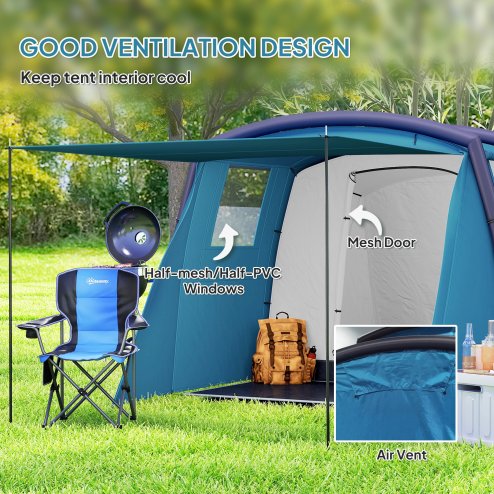 Outsunny Inflatable 3-4 Man Tunnel Tent w/ Air Pump, Living Area & Vestibule, Waterproof Family Camping Air Tent w/ Sewn In Groundsheet & Removable Footprint for Camping, Hiking, Blue