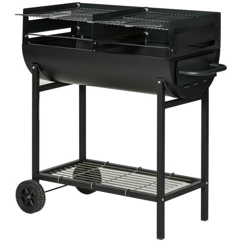 Outsunny Trolley Charcoal BBQ Barbecue Grill Cooker with 3-Level Adjustable Height Grill Nets, Patio Outdoor Garden Heating Heat Smoker with Wheels, 90 x 45 x 96 cm, Black