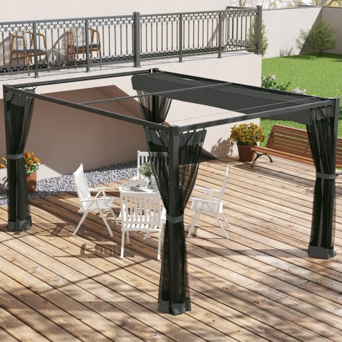 Outsunny 3 x 4 m Pergola with Retractable Roof Canopy and Netting Sidewalls, Aluminium Frame Garden Gazebo Outdoor Sun Shade Shelter for Grill, Patio, Deck, Dark Grey