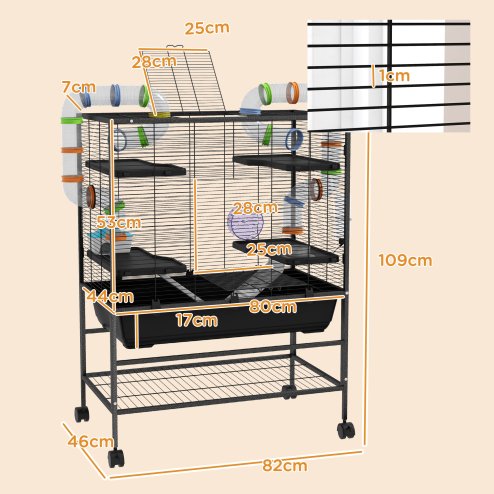 PawHut Large Hamster Cage, Gerbil Cage with Wheels, Tubes, Storage Shelf, Ramps, Running Wheel, Food Dish, Water Bottle, for Syrian Hamster - Black