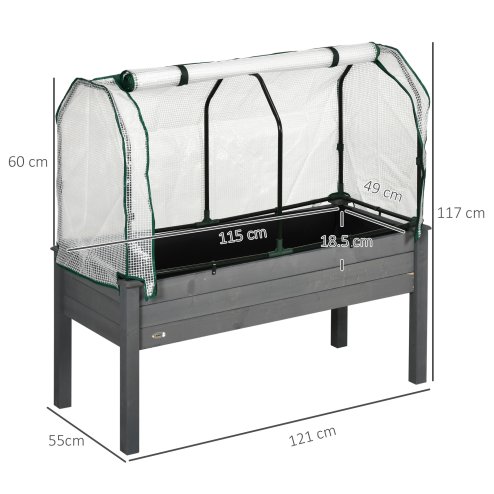 Outsunny Raised Garden Bed with PE Greenhouse Cover, Outdoor Elevated Wood Planter Box for Herbs and Vegetables, Use for Patio, Garden, Balcony, 121 x 55 x 117cm, Dark Grey