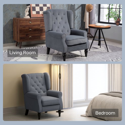 HOMCOM Retro Accent Chair, Velvet Wingback Armchair with Wood Frame Button Tufted Design for Living Room Bedroom, Grey