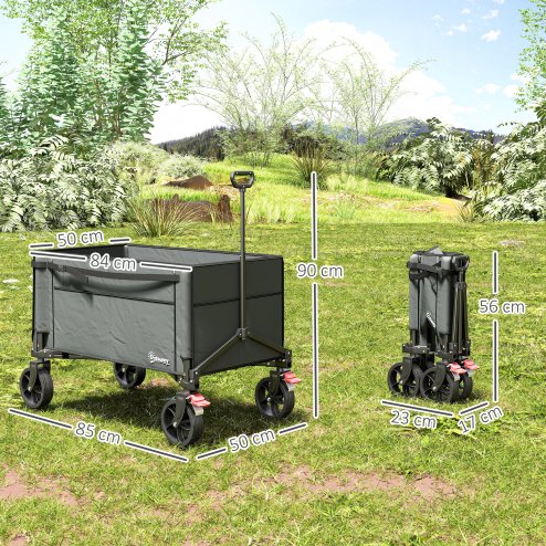 Outsunny Folding Trolley on Wheels, 150L Collapsible Wagon Festival Trolley Cart with Openable Sides, Adjustable Handle and Brakes for Shopping Camping Beach and Garden, Grey