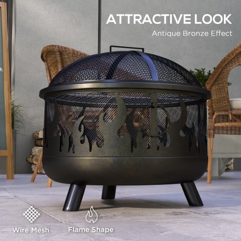 Outsunny Metal Firepit Bowl Outdoor 2-In-1 Round Fire Pit w/ Lid, Grill, Poker, Handles for Garden, Camping, BBQ, Bonfire, Wood Burning Stove, 61.5 x 61.5 x 52cm, Black