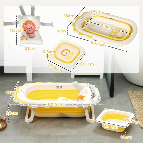 AIYAPLAY Portable Baby Bathtub Set, Foldable Baby Bath Tub with Support Cushion Pad, Wash Basin, Non-Slip Stand and Bottom, for Infants, Yellow