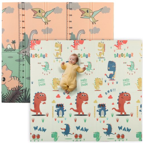 AIYAPLAY Baby Play Mat Double Sided, Foldable & Reversible Activity Playmat, Waterproof Kids Foam Crawling Mat for Outdoor Indoor Playtime Picnics, 196 x 176 x 1.5cm, Dinosaur Theme