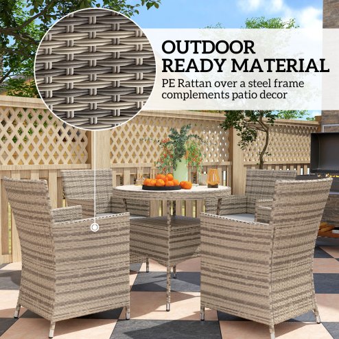 Outsunny 4 Seater Garden Dining Set with Cushions, Double Layer Table with Wood-like Slat Top, PE Rattan Garden Furniture Set, Outdoor Dining Table and Chairs for Patio, Balcony, Grey