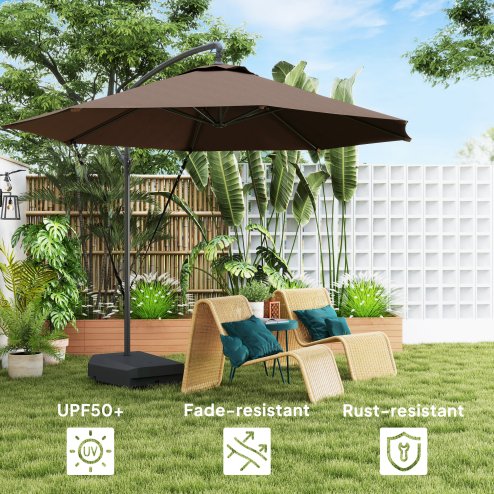 Outsunny 3(m) Garden Cantilever Parasol with Fillable Base up to 90kg, Wind Protection Strap, Cover, Round Banana Hanging Umbrella with Crank Handle and Tilt, UPF50+ Patio Umbrella, Brown