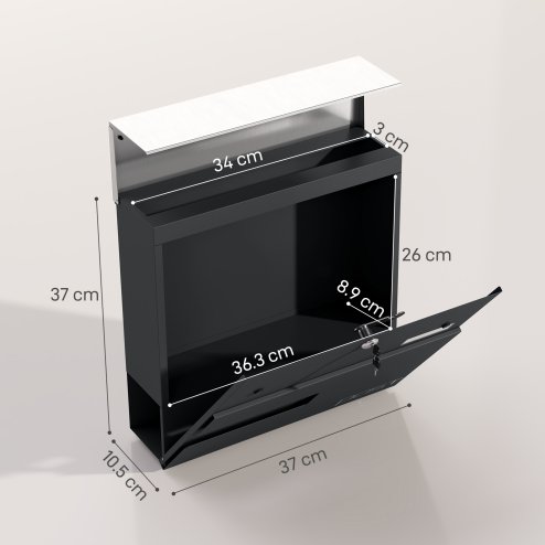 HOMCOM Wall Mounted Post Box with Viewing Window, 2 Lock, Modern Galvanised Steel Mailbox with Copper Core, Weatherproof Letterbox for Outdoor Use, Easy to Install, Charcoal Grey