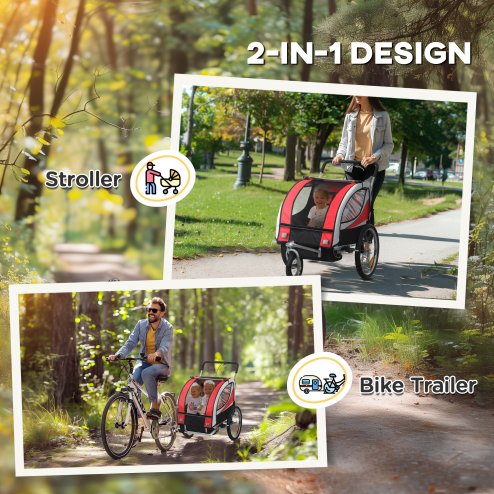 HOMCOM Child Bike Trailer, Baby Bicycle Trailer for 2 Kids with 5 Point Harness, Steel Frame, Reflectors, Safety Flag, Hitch Coupler, Red