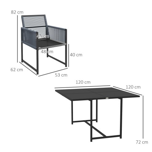 Outsunny 5 Pieces Garden Dining Set, Outdoor Patio Cube Set, 4 Seater Outdoor Table and Chairs with Foldable Backrest, Tempered Glass Top, Handwoven Rope for Poolside, Space-Saving, Dark Grey