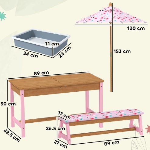 AIYAPLAY Kids Picnic Table, Wooden Children Garden Table and Bench Set with Removable & Foldable Umbrella, Cushions, Storage Boxes, Flamingo Theme Outdoor Furniture for Boys Girls, Pink