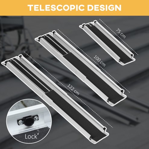 HOMCOM 2PCS Telescopic Wheelchair Ramps, 2.5-4FT/ 75-122cm, 270kg, Folding Aluminium Door Threshold Ramps for Home, Mobility Scooters, Doorways, Steps, Stairs, with Non-slip Surface, Carrying Bag