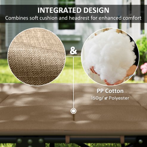 Outsunny Folding Camping Bed for Adults with Cushion, Heavy Duty Portable Travel Camping Cot with Headrest, Side Pocket and Non-Slip Foot Pads for Outdoor Beach Travel Office, Khaki