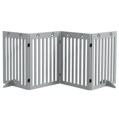 PawHut Freestanding Pet Gate 4 Panel Dog Barrier Folding Safety Fence with Support Feet up to 204cm Long 75cm Tall for Doorway Stairs, Grey