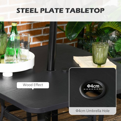 Outsunny 4 Seater Rattan Dining Set with Cushions, Wood Effect Metal Top Table with Umbrella Hole, PE Rattan Garden Furniture Set, Outdoor Dining Table and Chairs for Patio, Balcony, Lawn, Black