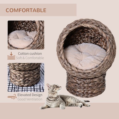 PawHut Wicker Cat House, Raised Cat Bed with Cylindrical Base, Soft Washable Cushion, Woven Water Hyacinth Cat Basket for Indoor and Outdoor, 42 x 33 x 52 cm - Dark Brown