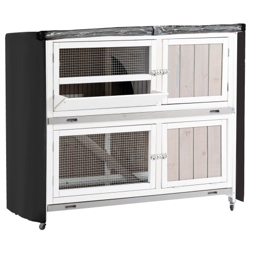 PawHut 4 FT Rabbit Hutch 2-Tier Wooden Bunny Cages Guinea Pig Hide House with Tray, Ramp and Wheel, Cover - Grey