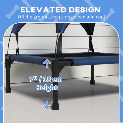PawHut Cooling Raised Dog Bed, Elevated Pet Bed with Breathable Mesh, UV Protection Canopy, Foot Pads, for Indoor Outdoor, Small, Medium Dogs, 76 x 61 x 69.5cm - Dark Blue