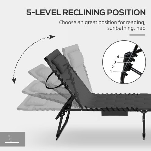 Outsunny 2 Piece Foldable Sun Lounger Set with 5-level Reclining Back, Outdoor Tanning Chairs Sun Loungers with Build-in Padded Seat, Side Pocket, Headrest for Beach, Patio, Black