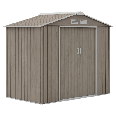 Outsunny 7 x 4ft Metal Garden Shed, Outdoor Storage Tool House with Ventilation Slots, Foundation Kit and Lockable Double Doors, Light Brown
