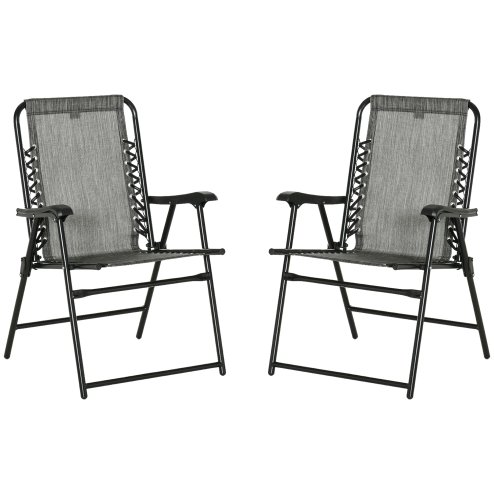 Outsunny Set of 2 Patio Folding Chair Set, Garden Portable Outdoor Chairs with Armrest and Breathable Mesh Fabric Seat and Backrest, for Camping, Beach, Deck, Lawn, Grey