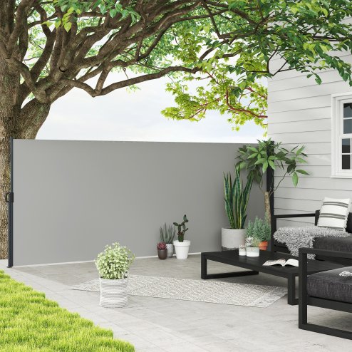 Outsunny Retractable Side Awning, Garden Privacy Screen Divider, Full Cassette Wind Breaker for Hot Tub, Balcony, Terrace, Pool, 400 x 160cm, Light Grey