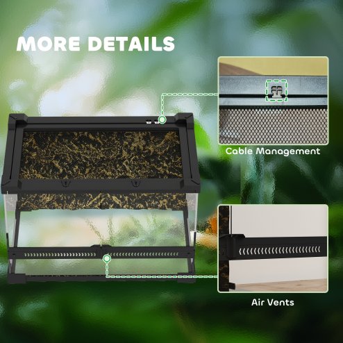 PawHut Reptile Glass Terrarium, Reptile Vivarium with Stone Background, Front Ventilation, Escape-Proof Knob Lock, Glass Enclosure for Lizards, Horned Frogs, Snakes, 30 x 20 x 20 cm, Black