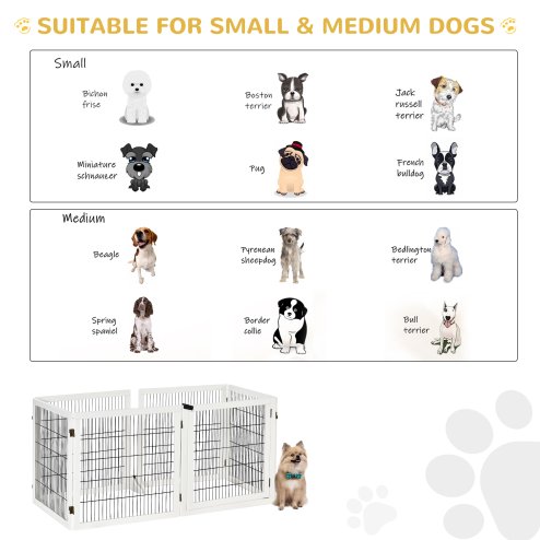 PawHut Freestanding Pet Gate, 6 Panel Foldable Playpen, Wooden Dog Gate with 2 Support Feet, for Stairs, Doorway - White