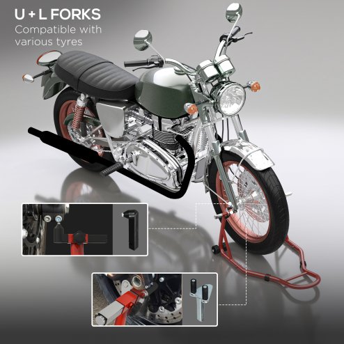 HOMCOM Front Motorcycle Paddock Stand Motorbike Stand with Anti-Slip Mat, U-Shaped and L-Shaped Adapters, 200 kg Capacity, for 18