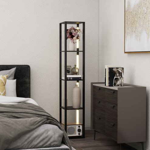 HOMCOM LED Floor Lamp with Shelves, 4 Layers Dimmable Modern Standing Lamp with 3 Brightness Levels and Foot Switch for Living Room, Bedroom, Office, Black