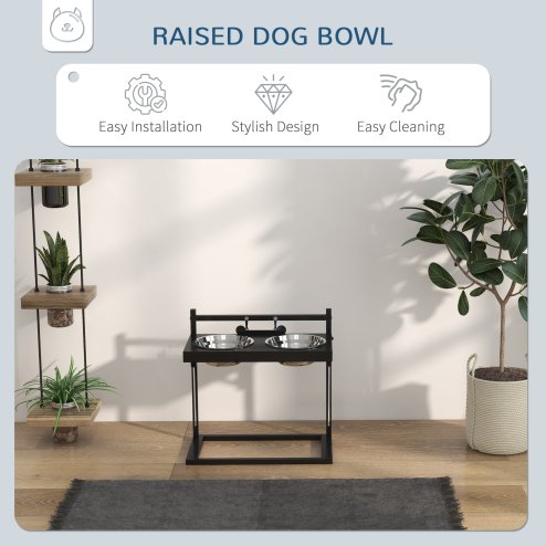 PawHut Raised Dog Bowl, Elevated Dog Bowl with Adjustable Height Stand, 2 Stainless Steel Bowls, for Small Medium Large Dogs - Black
