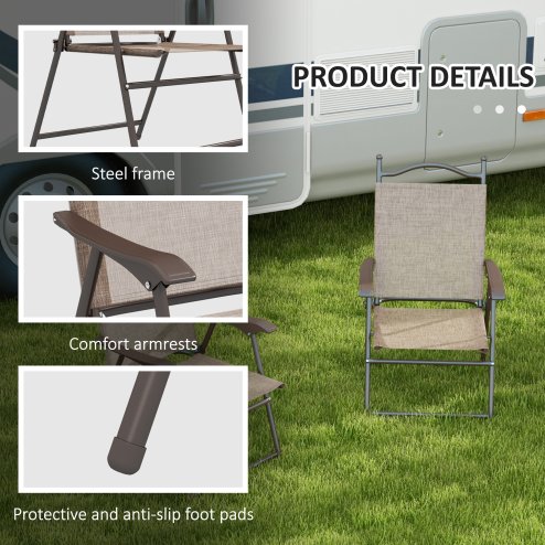 Outsunny Folding Chairs Set of 2, Garden Chair with Armrest, Breathable Mesh Fabric Seat, Camping Sports Chairs for Adults, Mixed Brown