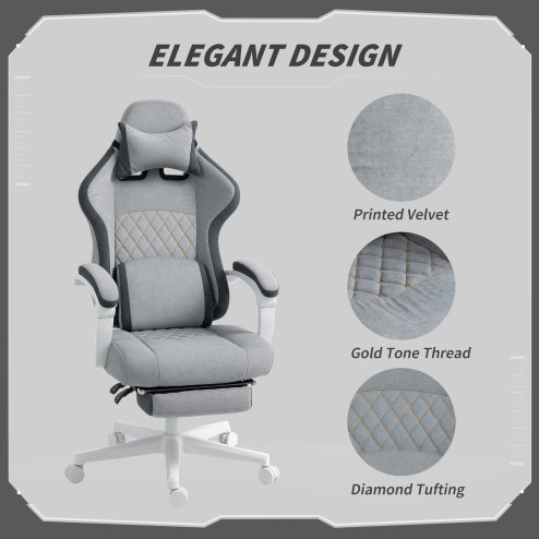 HOMCOM Ergonomic High Back Gaming Chair for Adults, Printed Velvet Computer Recliner Chair with Footrest, Lumbar Support, Adjustable Height and 360 Swivel Seat for Office or Gaming, Grey